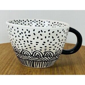 Large Handmade stoneware coffee Mug white and black dotty patern